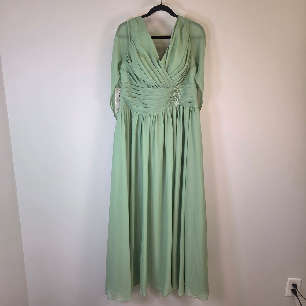Formal Dress Sage Green Chiffon Sequin Applique Corset Back Maxi Gown Size S